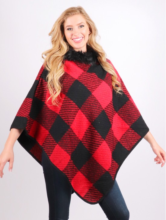 Plaid & Abstract Poncho W/ Fur Collar